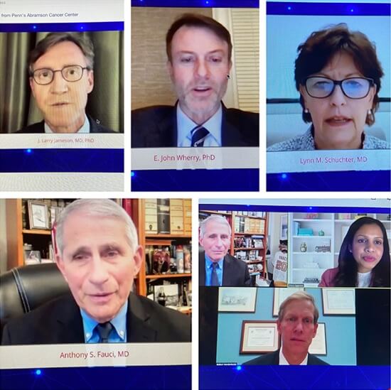 Screenshot of Dr. Anthony Fauci leading a virtual conference and speaking with several Abramson Cancer Center physicians.