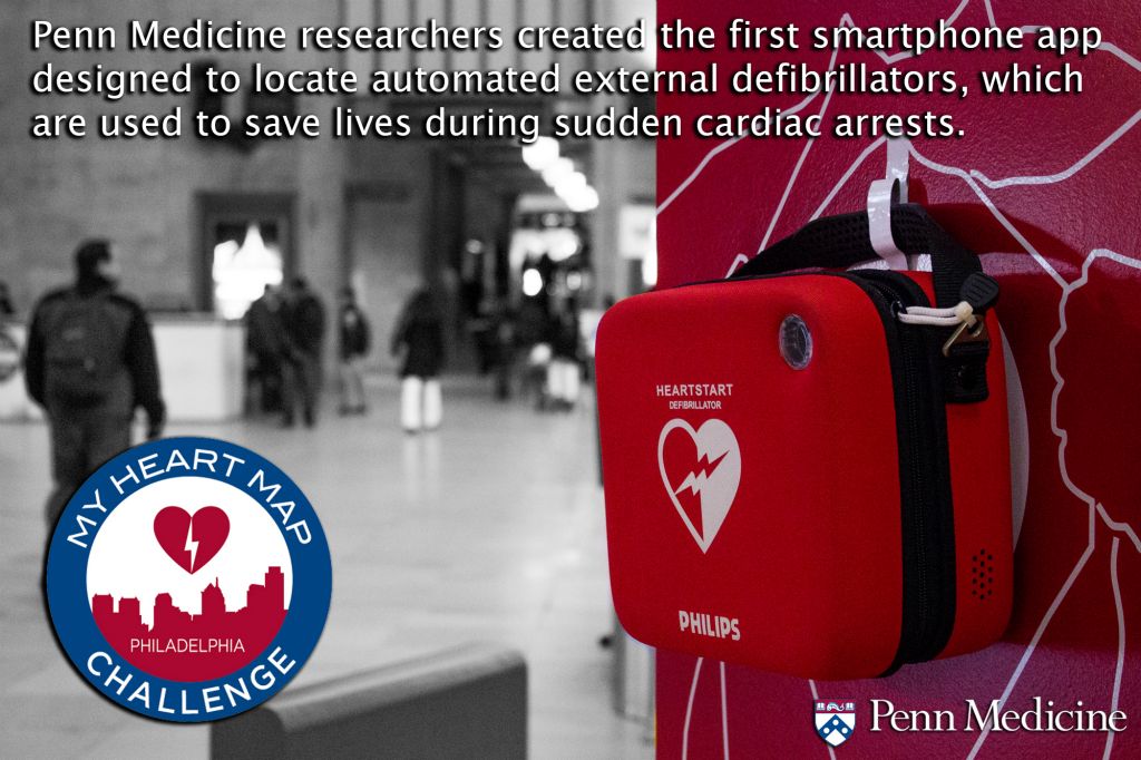 The Penn Defibrillator Design Challenge launched its inaugural design today at 30th Street Station (seriously, check it out). A number of the minds behind the design challenge were also behind the MyHeartMap Challenge of early 2012 — which is the inspiration and source behind this photo/fact: Penn Medicine researchers created the first smartphone app designed to locate automated external defibrillators, which are used to save lives during sudden cardiac arrests.